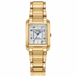 Gold Citizen watch with rectangular face.