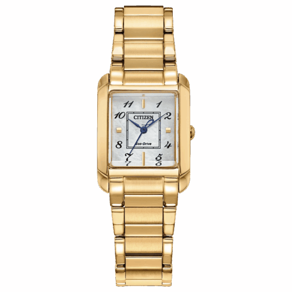 Gold Citizen watch with rectangular face.