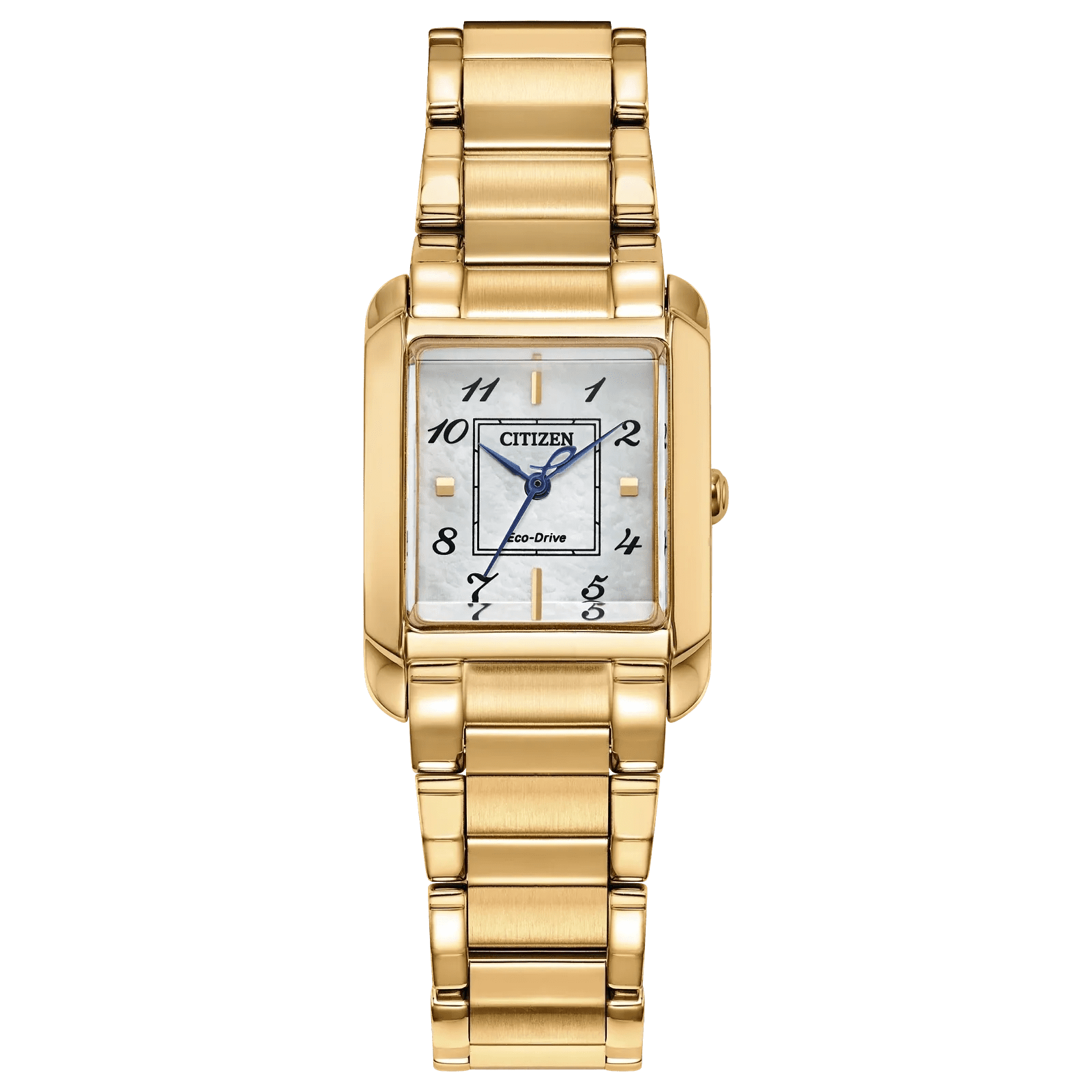 Gold Citizen watch with rectangular face.