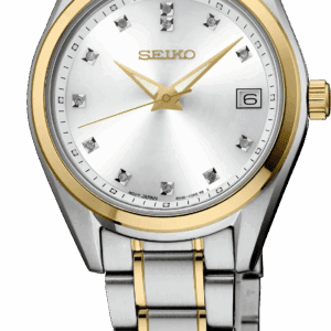 Silver and gold wristwatch with date display.