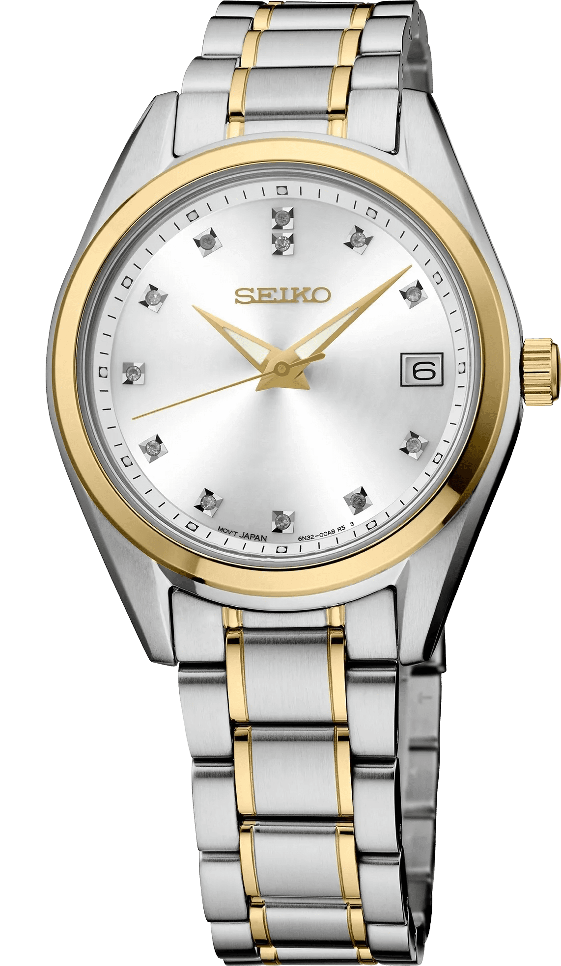 Silver and gold wristwatch with date display.