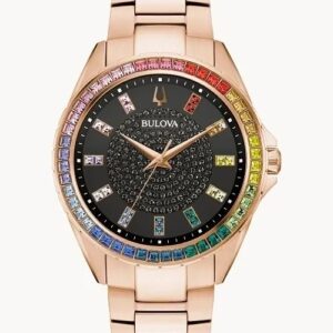 Rose gold watch with rainbow gemstone bezel.