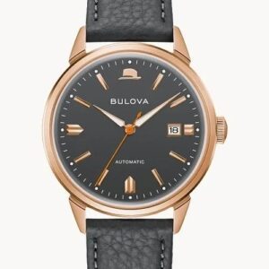 Luxury watch with black strap and gold accents.
