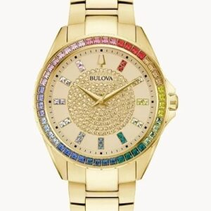 Gold watch with colorful gemstone accents.