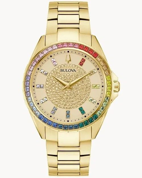 Gold watch with colorful gemstone accents.