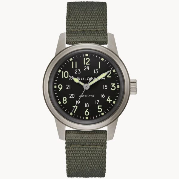 A wristwatch with a black dial and green fabric strap.
