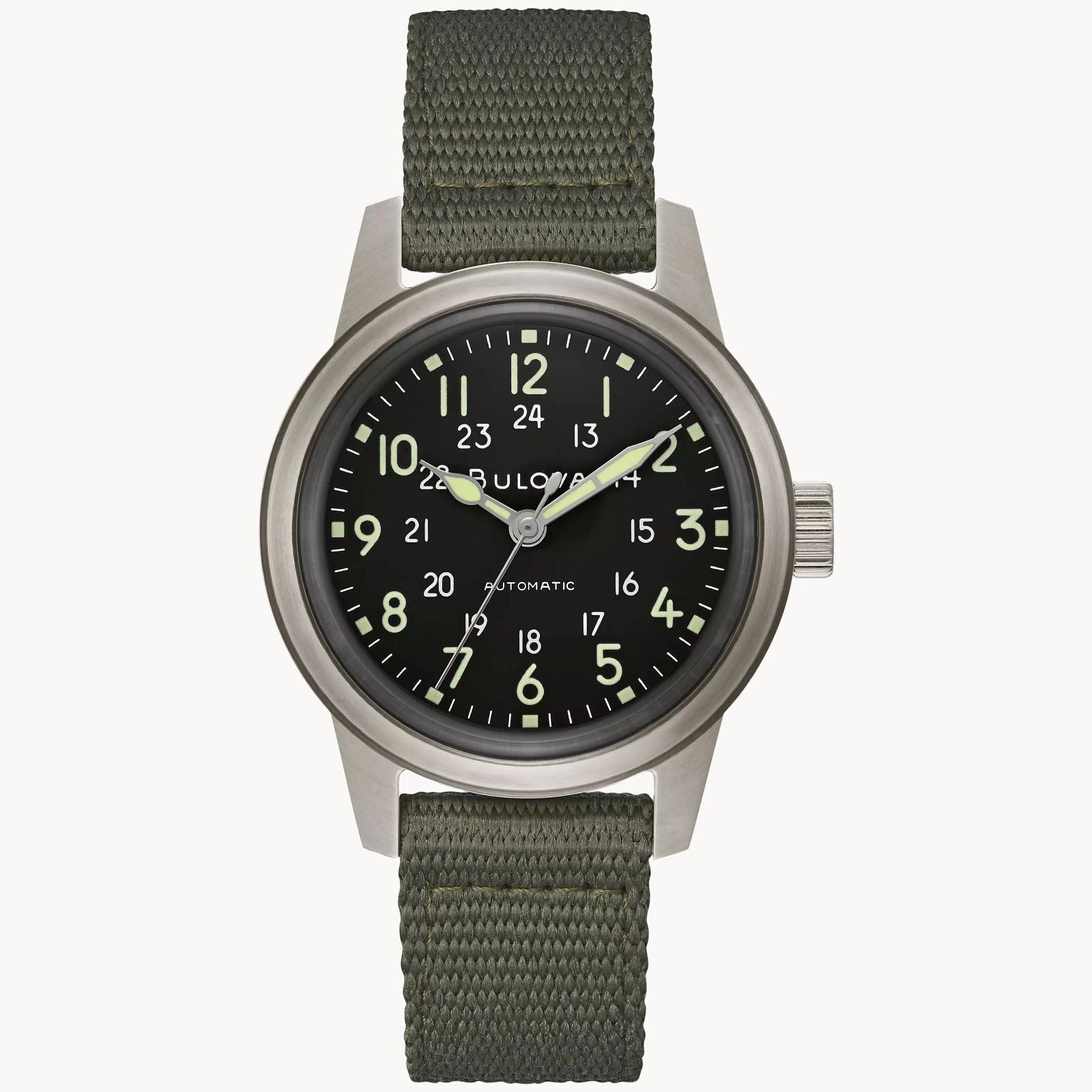 A wristwatch with a black dial and green fabric strap.