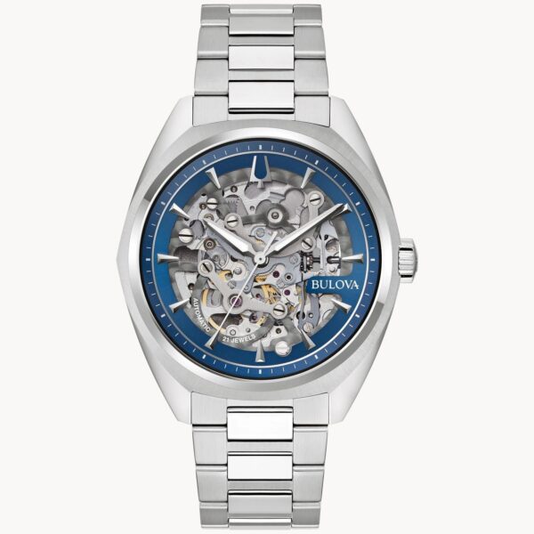 Elegant silver skeleton watch with blue dial and metal bracelet.