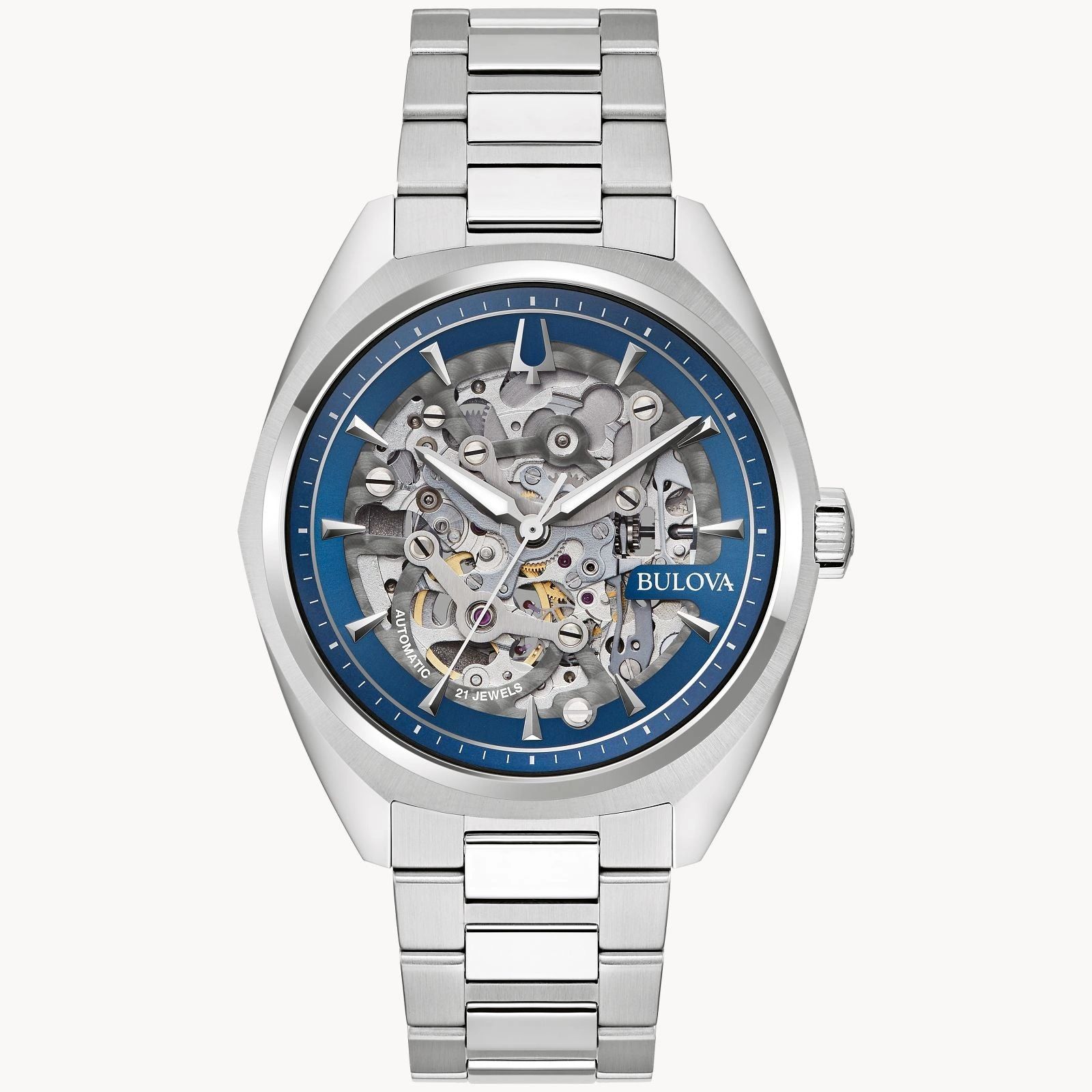Elegant silver skeleton watch with blue dial and metal bracelet.