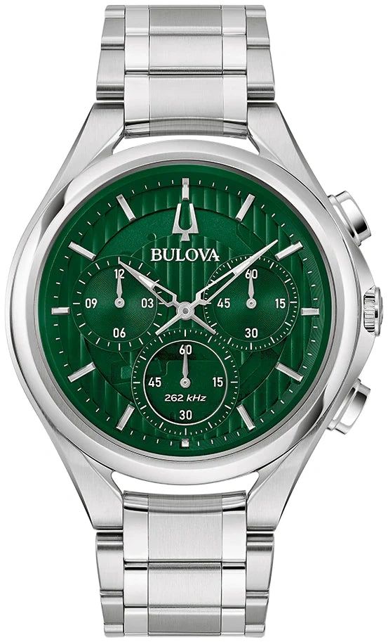 Silver Bulova wristwatch with a green dial and chronograph features.