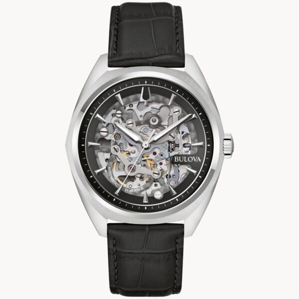 Elegant skeleton watch with black leather strap and silver casing.