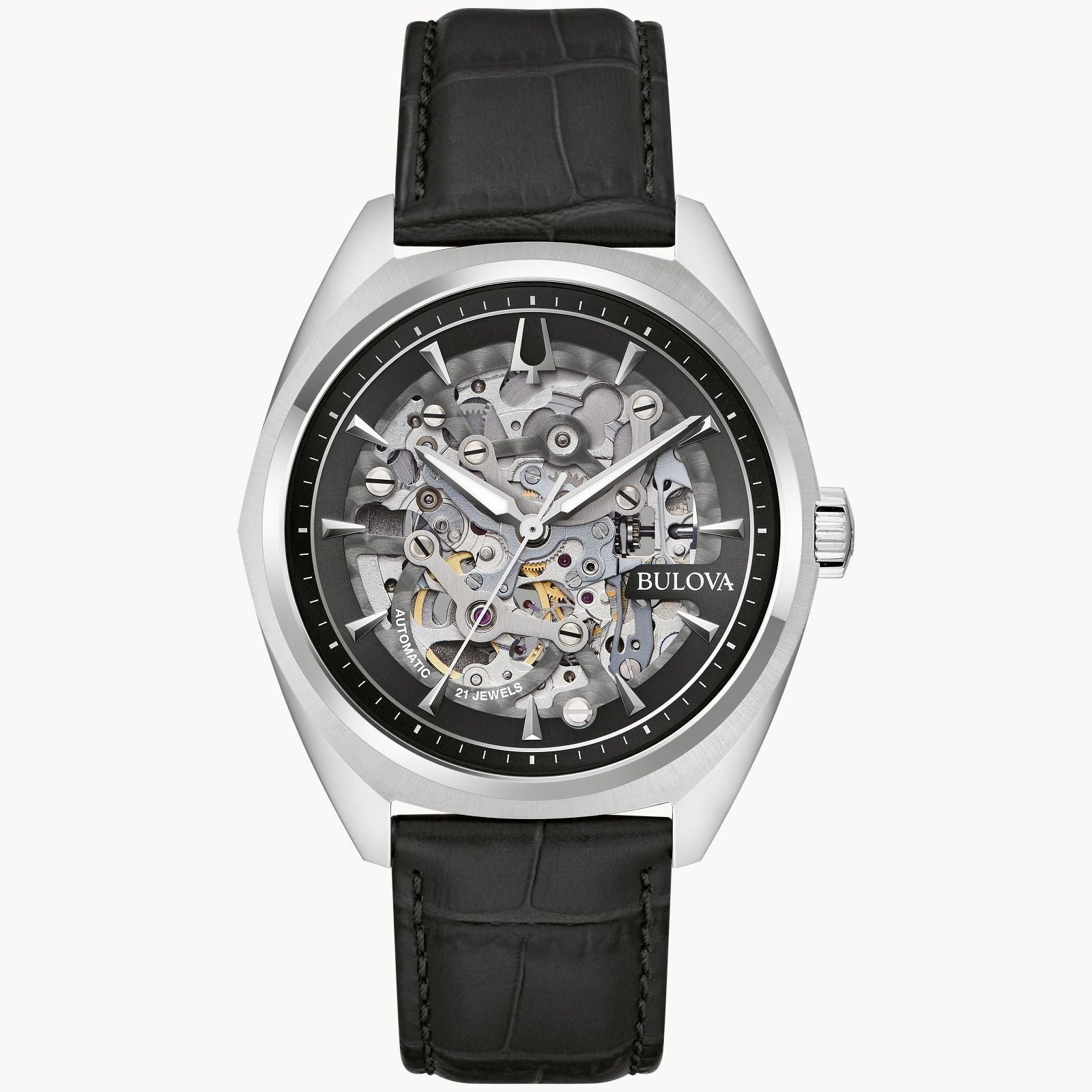 Elegant skeleton watch with black leather strap and silver casing.