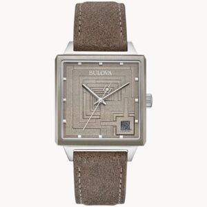 Square-faced wristwatch with a textured brown dial and leather strap.