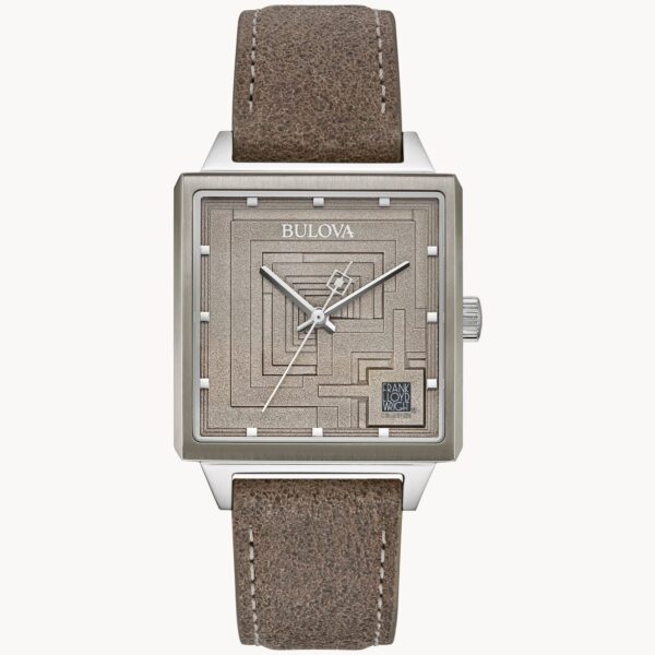 Square-faced wristwatch with a textured brown dial and leather strap.