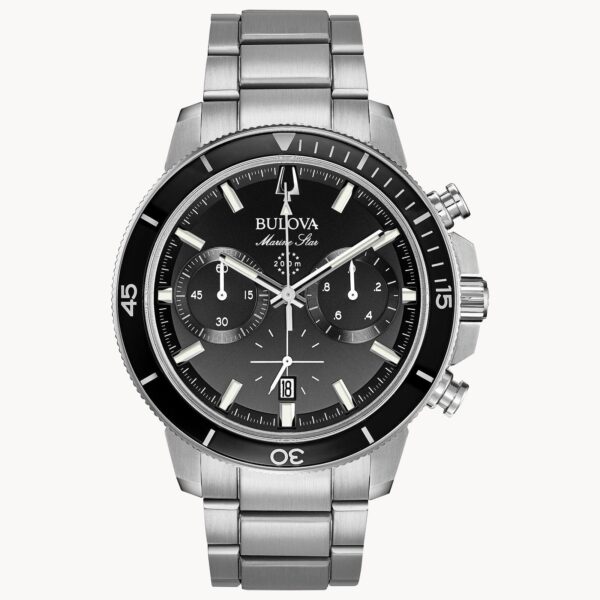 Elegant stainless steel wristwatch with black dial and chronograph features.