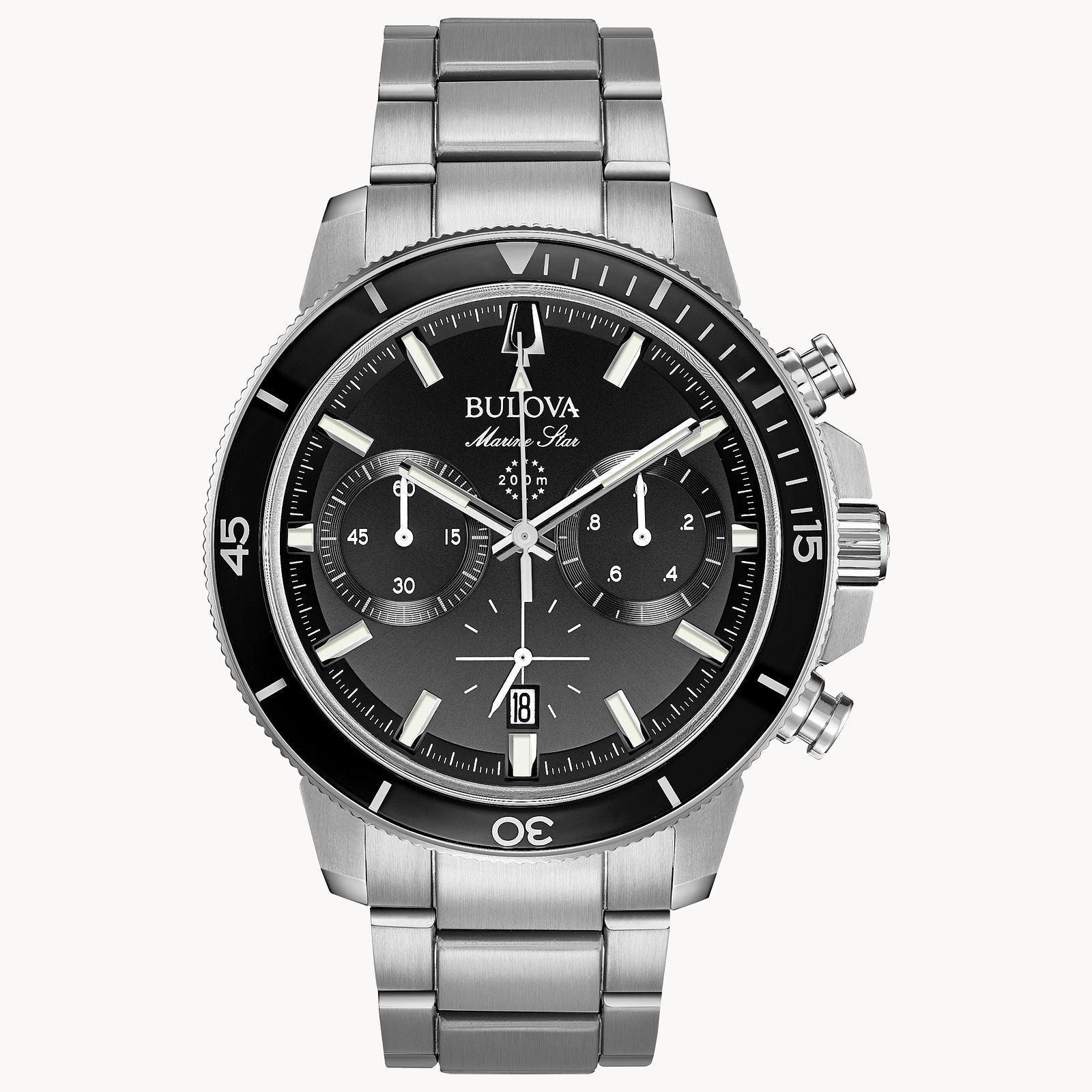 Elegant stainless steel wristwatch with black dial and chronograph features.