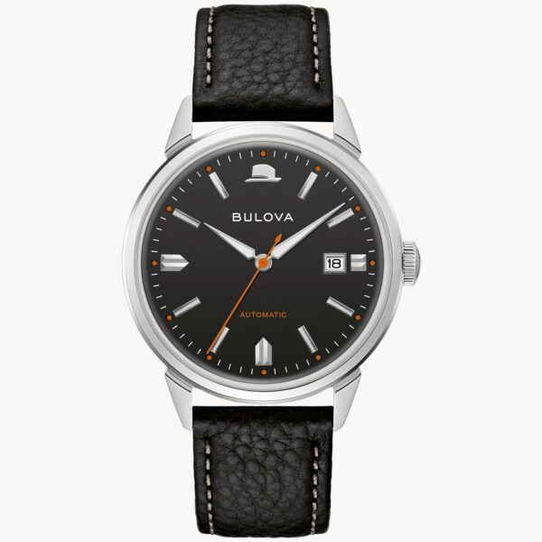 Classic wristwatch with black leather strap and black dial.