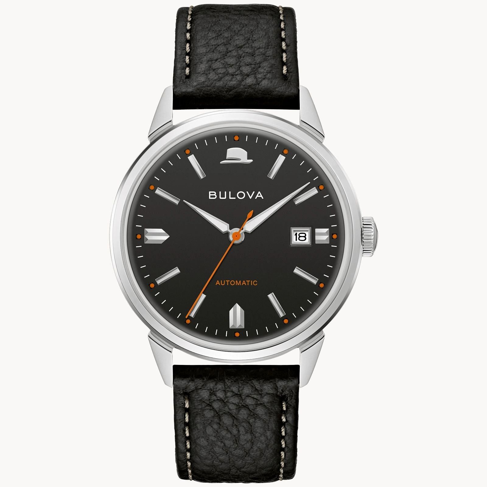 Classic wristwatch with black leather strap and black dial.