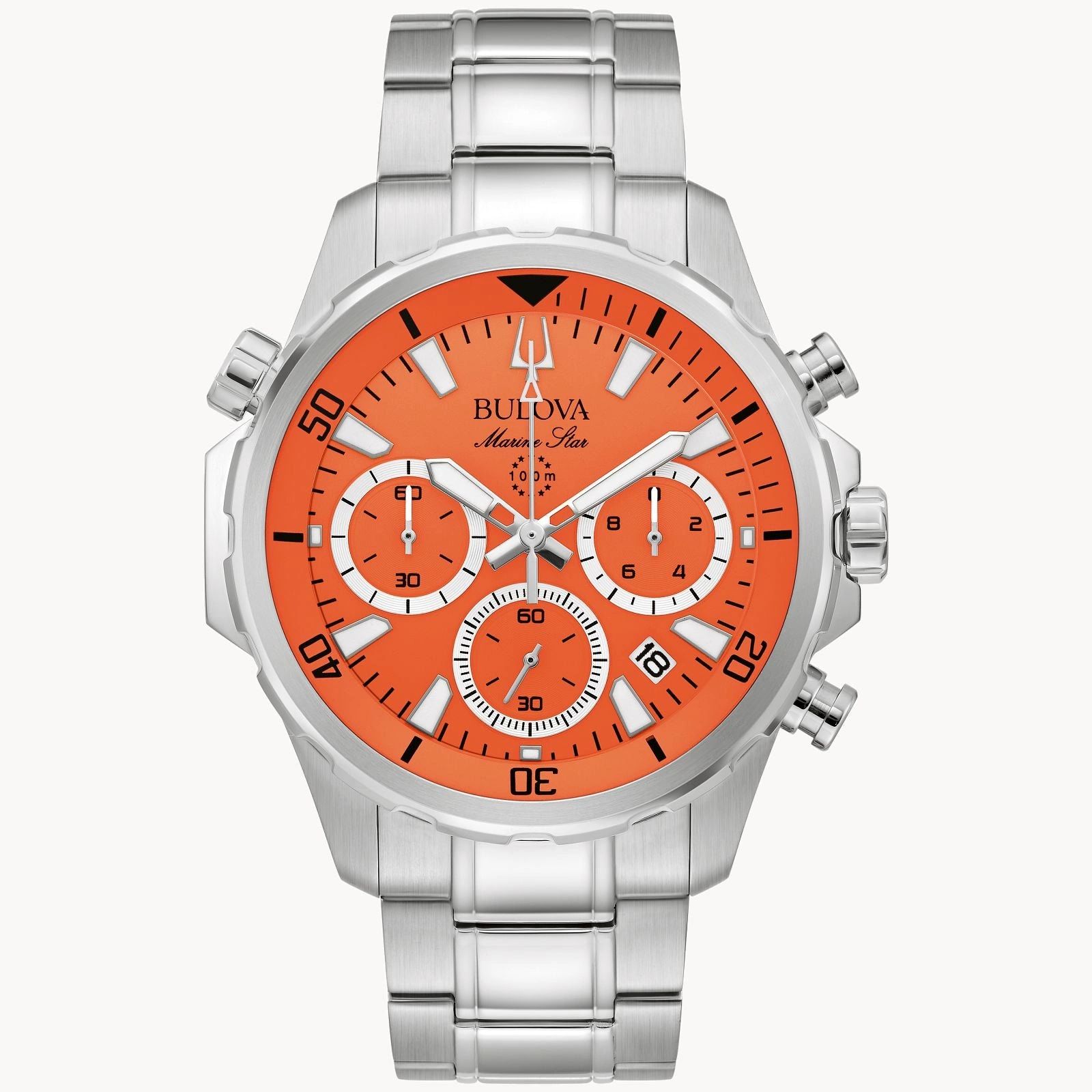 Silver wristwatch with an orange dial and multiple subdials.