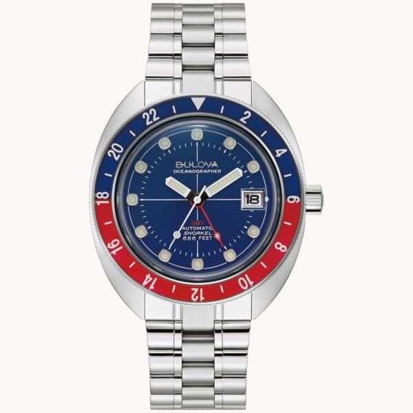 A stylish watch with a blue and red bezel and a metal bracelet.