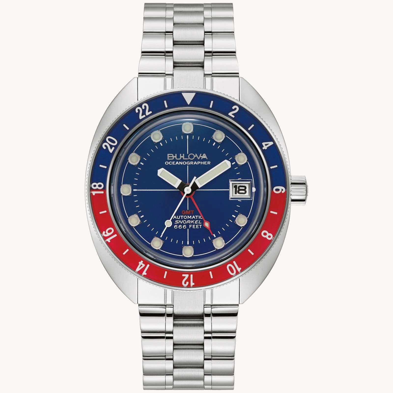 A stylish watch with a blue and red bezel and a metal bracelet.