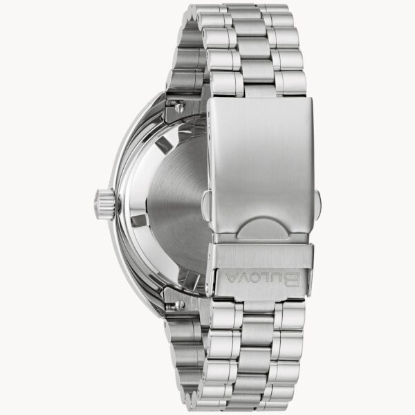 Back view of a silver Fossil wristwatch with metal link bracelet and clasp.