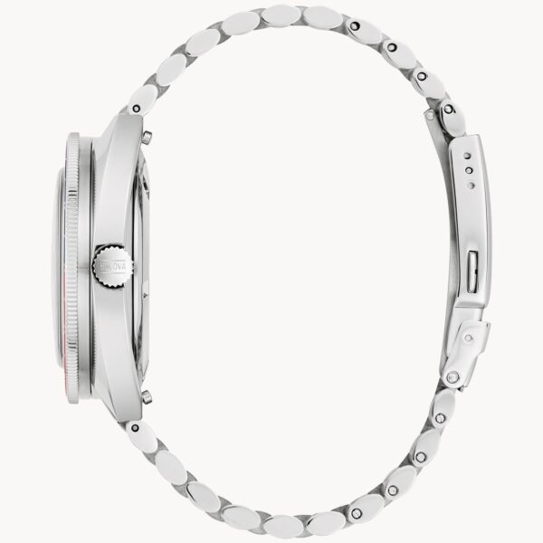 Side view of a silver wristwatch with a metal band.