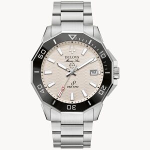 A sleek silver wristwatch with a black bezel and white dial.