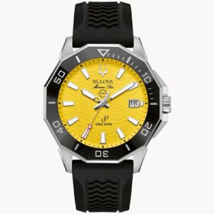 Sporty wristwatch with a bright yellow dial and black rubber strap.