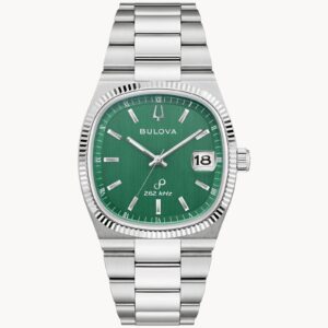 Elegant silver wristwatch with a green dial and date display.