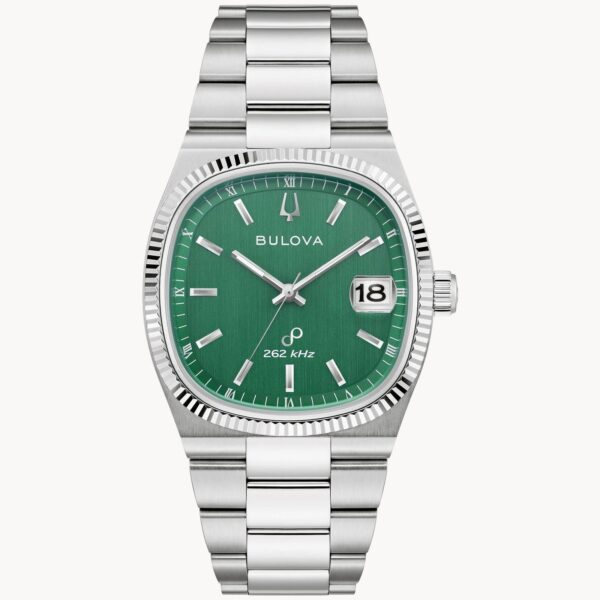 Elegant silver wristwatch with a green dial and date display.