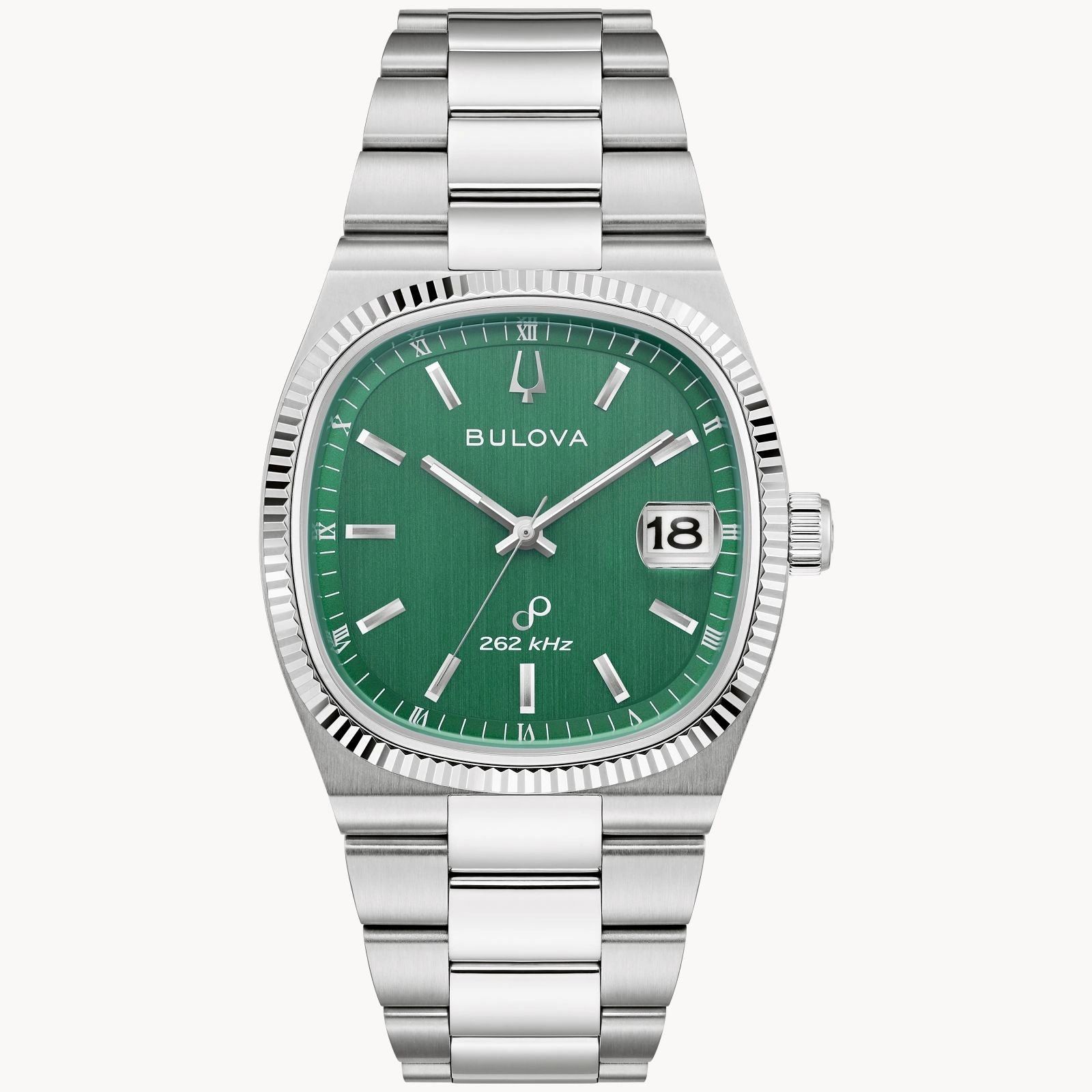 Elegant silver wristwatch with a green dial and date display.