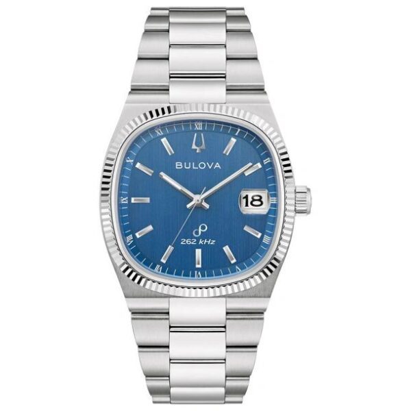 Silver wristwatch with a blue dial and date display.