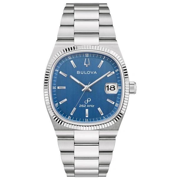 Silver wristwatch with a blue dial and date display.