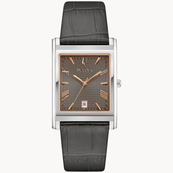 Elegant rectangular wristwatch with a brown textured dial and black leather strap.