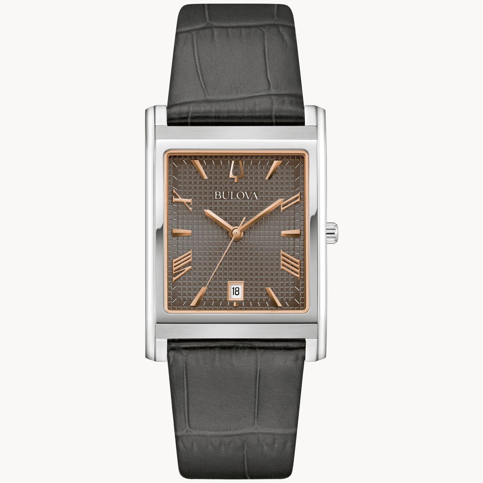 Elegant rectangular wristwatch with a brown textured dial and black leather strap.