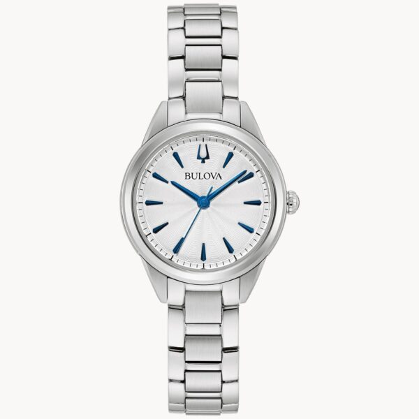 Elegant silver wristwatch with a white dial and blue hands.