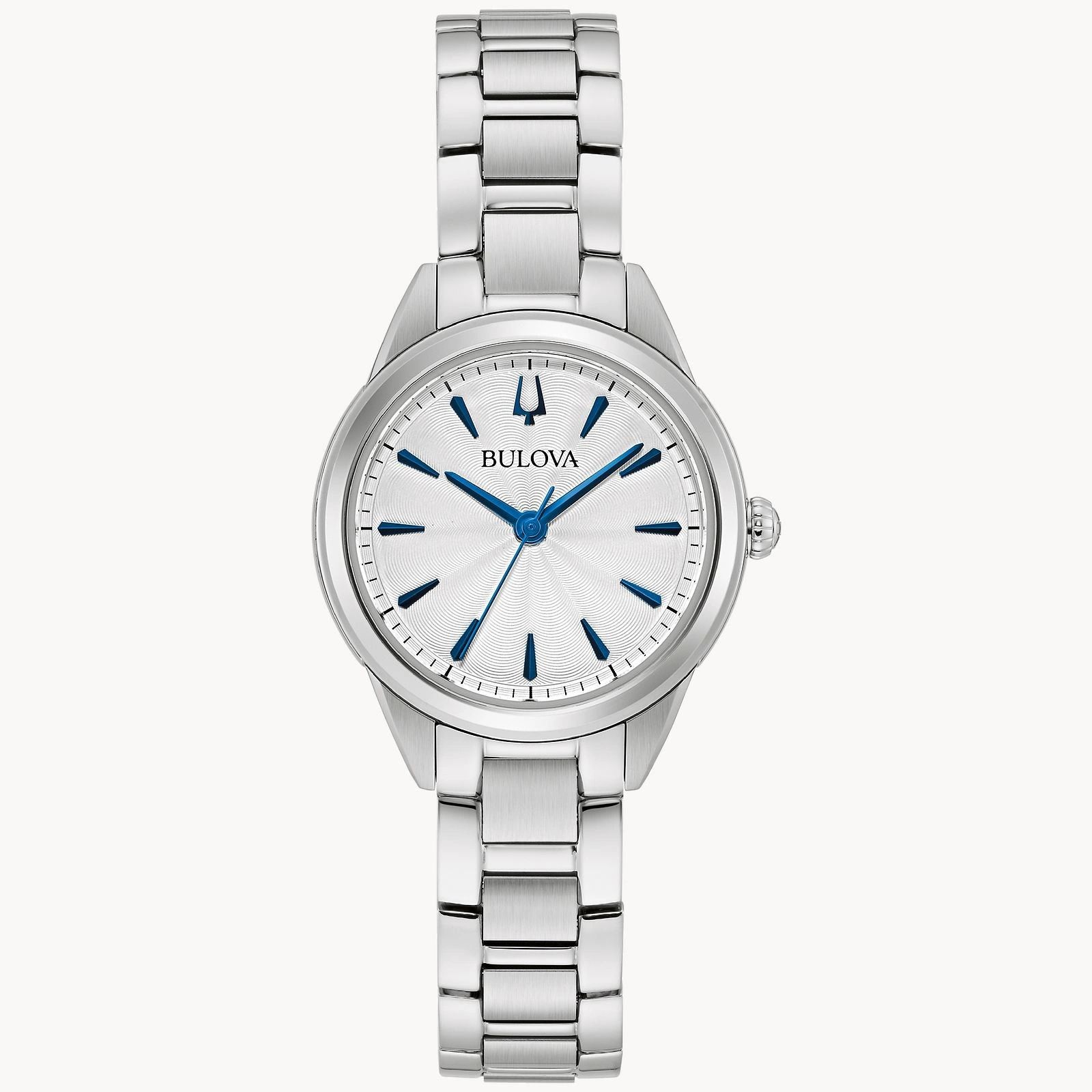 Elegant silver wristwatch with a white dial and blue hands.