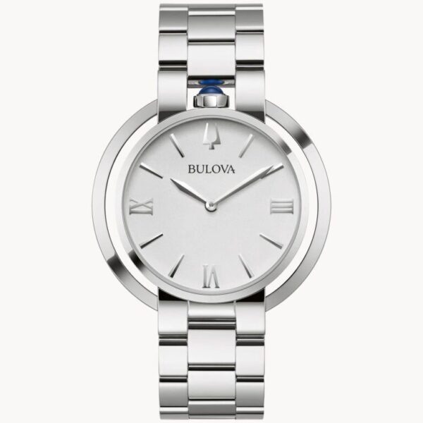 Sleek silver Bulova wristwatch with a minimalist white face and Roman numeral markers.