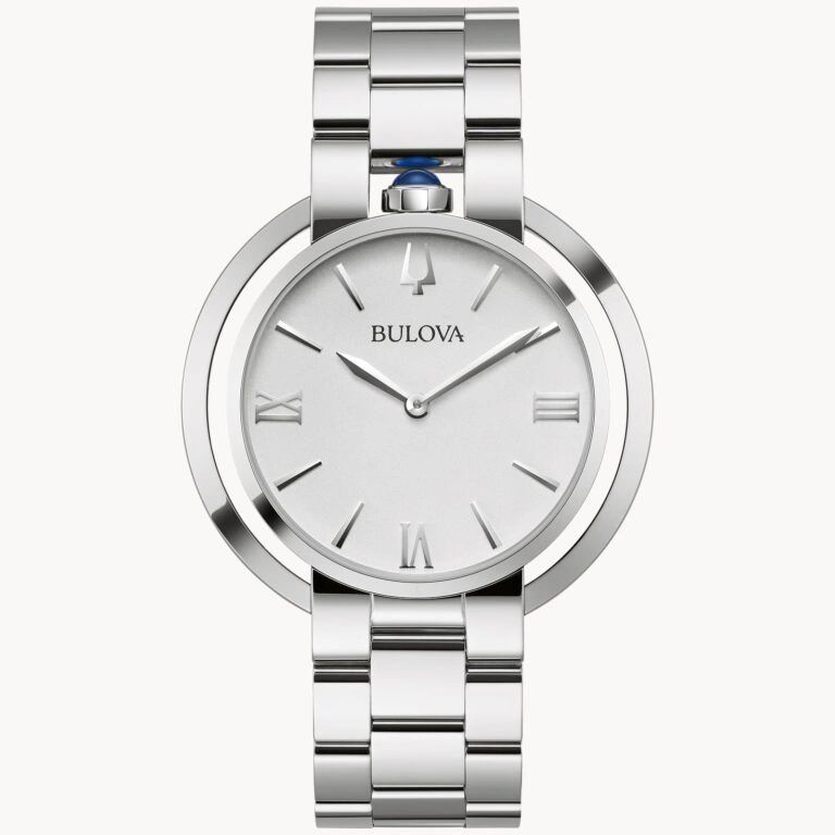 Sleek silver Bulova wristwatch with a minimalist white face and Roman numeral markers.