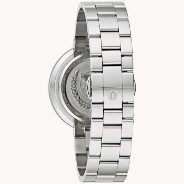 Silver metal watch bracelet with a deployment clasp and transparent back.