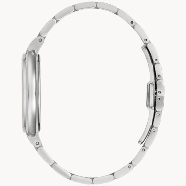Side view of a sleek silver metal wristwatch with a linked bracelet.