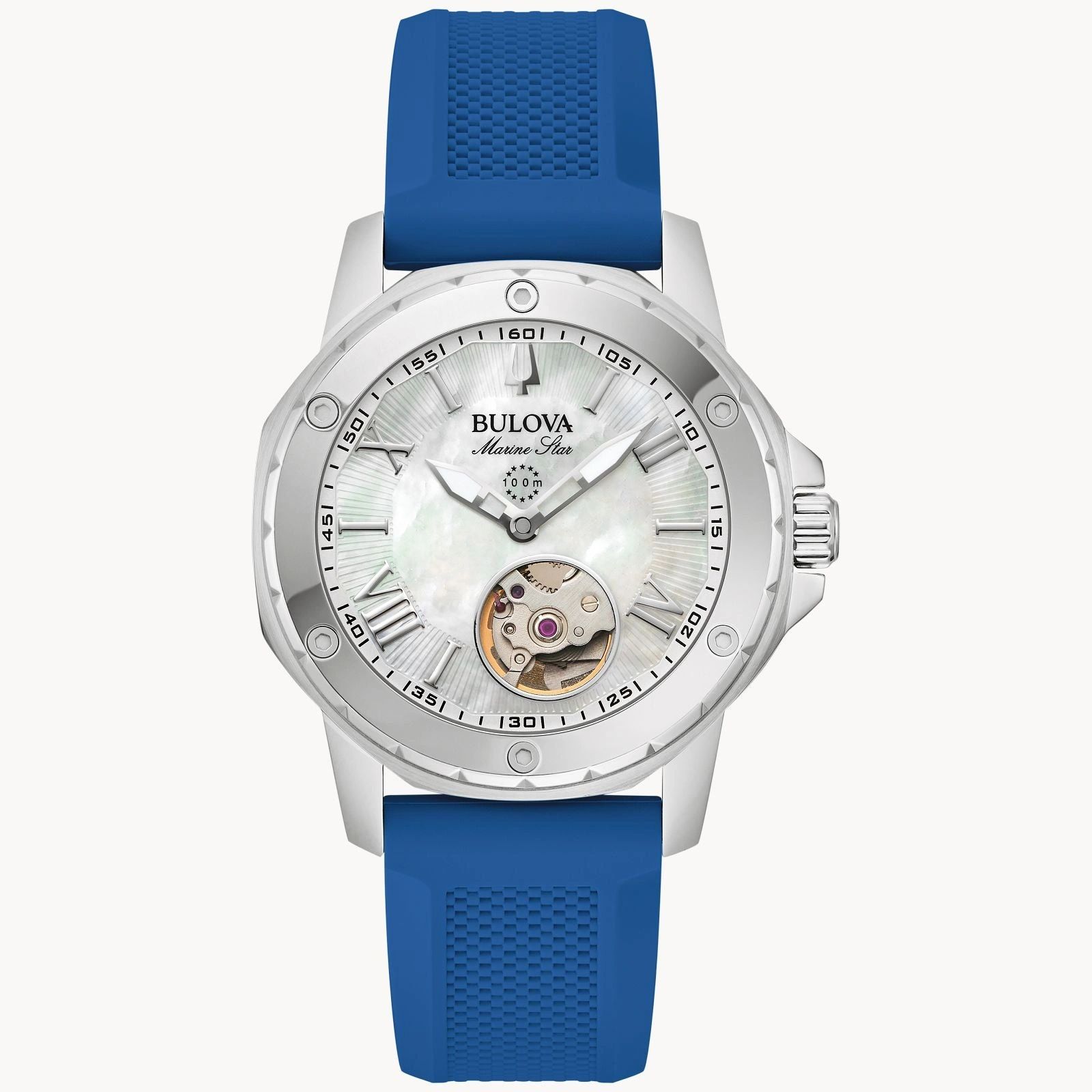 Luxury watch with a silver dial and blue strap.