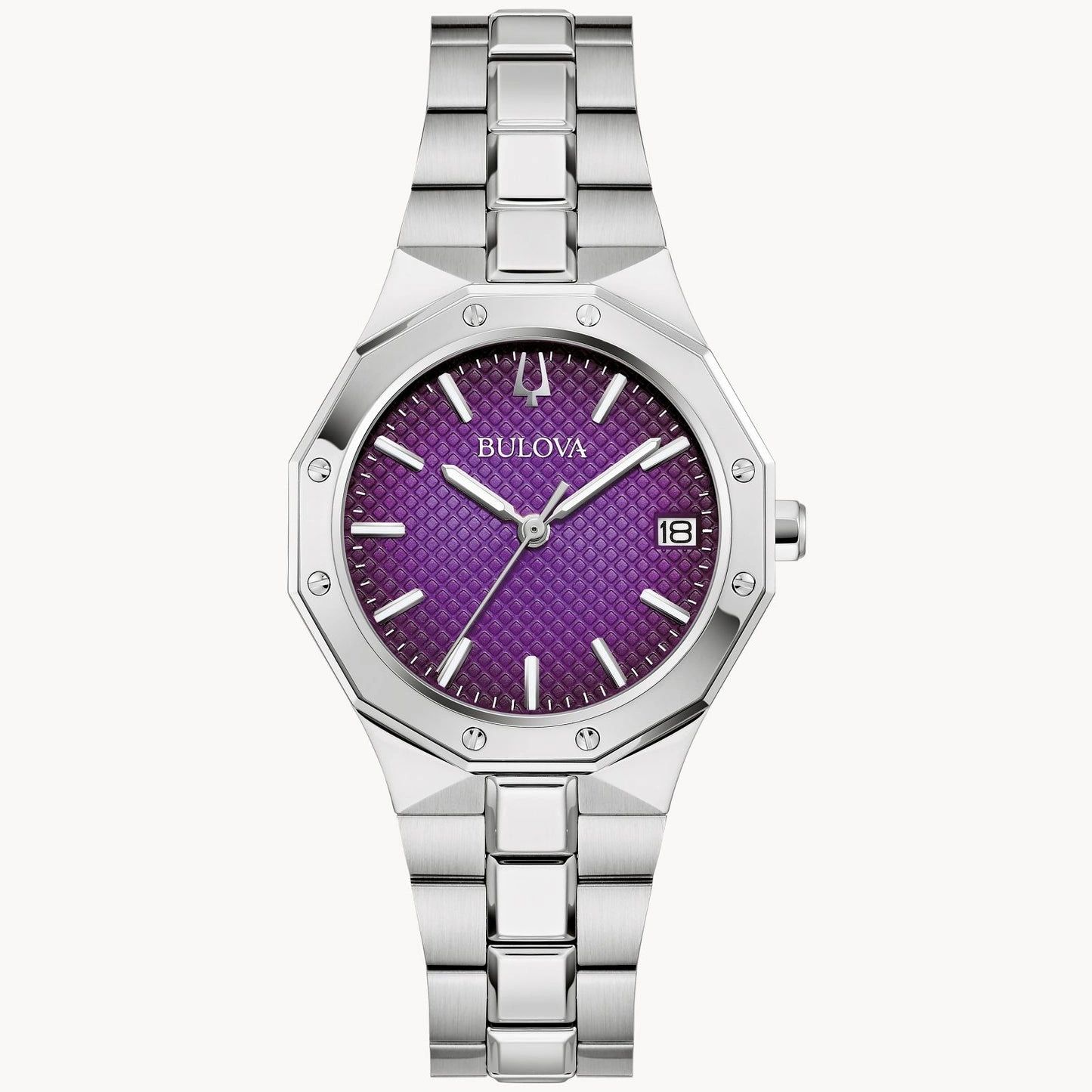 Elegant silver wristwatch with a purple dial and date display.