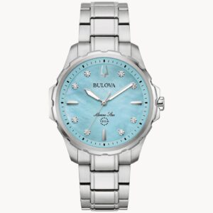 Bulova watch with silver band and turquoise dial.