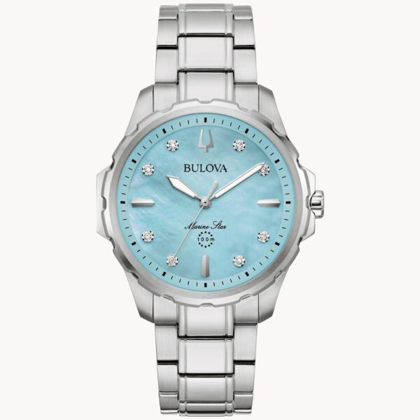Bulova watch with silver band and turquoise dial.
