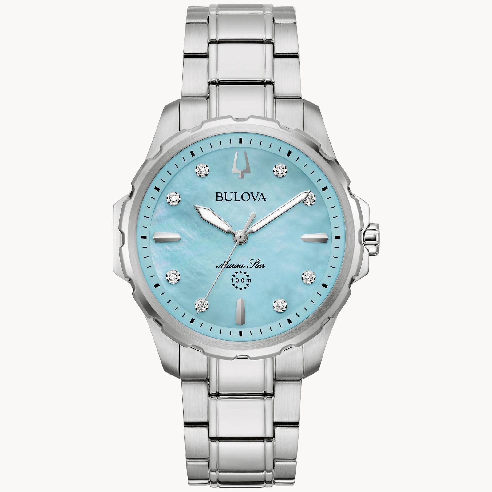 Bulova watch with silver band and turquoise dial.