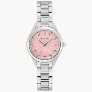 Elegant silver wristwatch with a pink dial and metal bracelet.