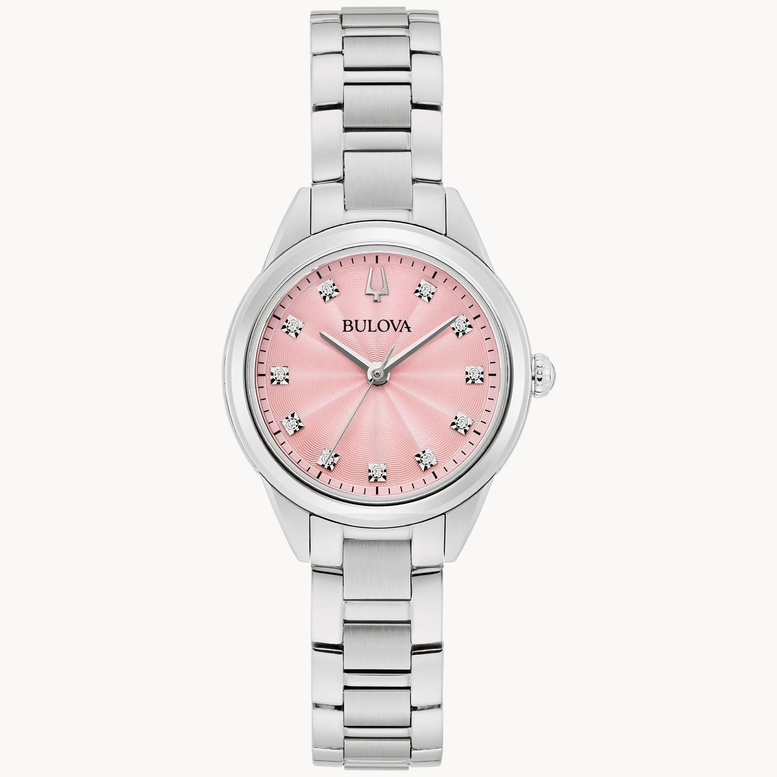 Elegant silver wristwatch with a pink dial and metal bracelet.