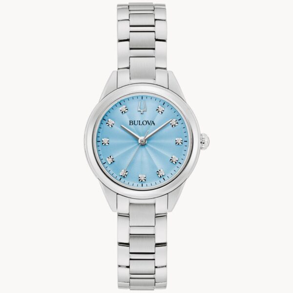 Elegant silver wristwatch with a light blue face and silver bracelet.